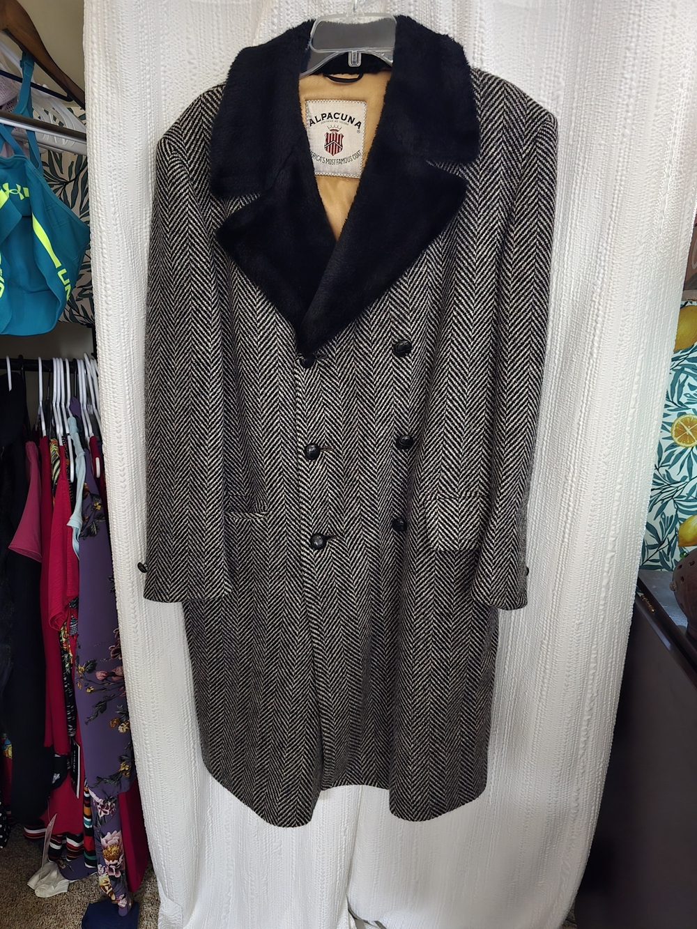 Men's Herringbone Wool Overcoat with Black Fur Collar